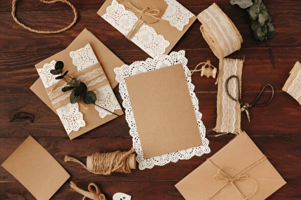 A collection of beautifully designed wedding cards with traditional and modern patterns.